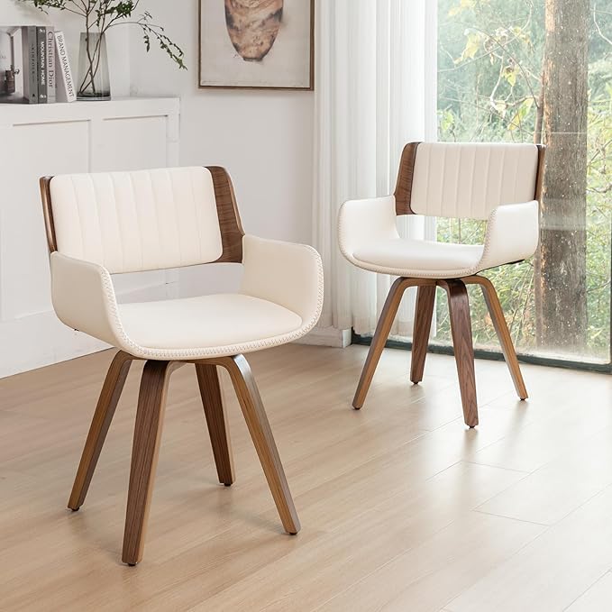 LUNLING Swivel Accent Faux Leather Dining Chairs Set of 2, Mid Century Modern Chairs with Wooden Legs/Armrest/Upholstered Seat/Adjustable Foots for Kitchen Dining Room Desk Chairs,Beige