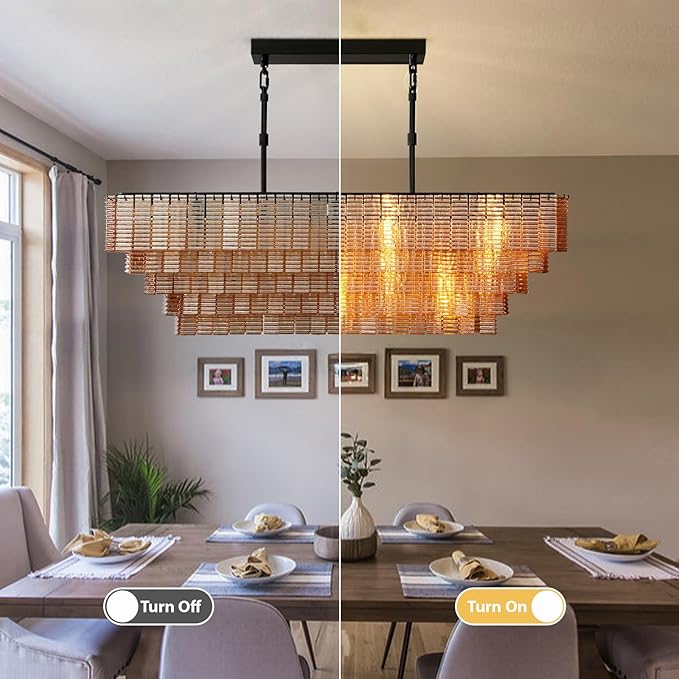 Rectangular Large Chandelier for Dining Room, 59" Black Pendant Light Fixture Over Kitchen Island, Linear Chandelier with Adjustable Height, Amber Glass Chandeliers for Dining Table & Living Room