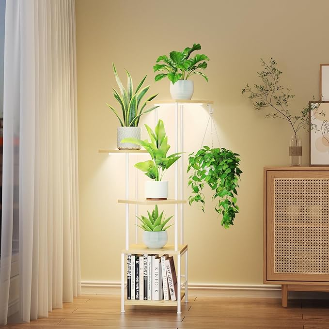 Plant Stand Indoor with Grow Light, 5-Tiered Tall Plant Stand Indoor, Metal Plant Shelf with Hanging Basket Hook and Adjustable Light, Ideal for Living Room, Garden, Patio (Maple)