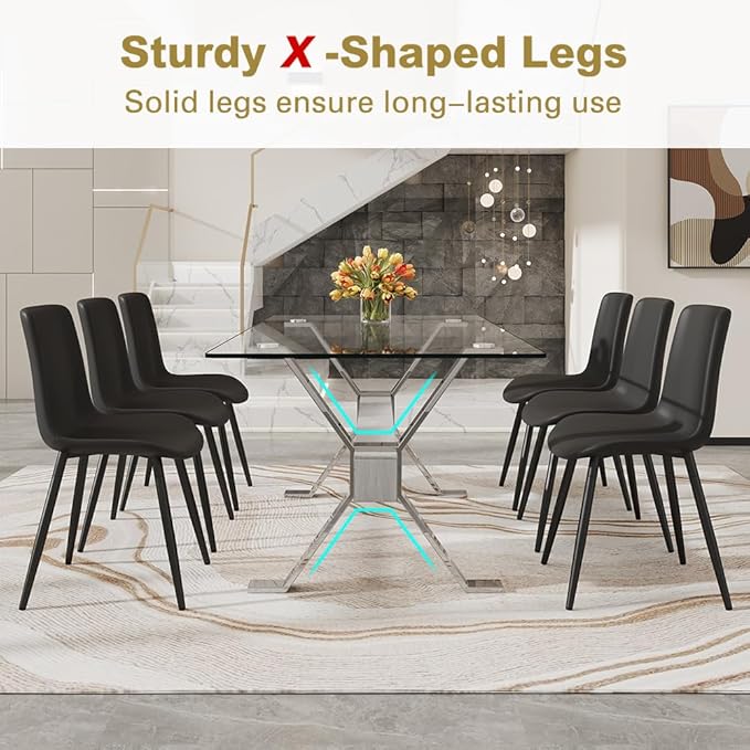 71'' Glass Dining Table Set for 6,7 Piece Dining Table Set with Tempered Glass Tabletop and Open‑Frame X‑Shaped Metal Base,Kitchen Table and Chairs Ideal for Dining Room&Home Office