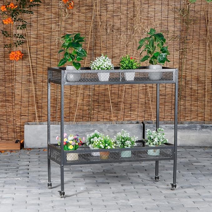 2-Tier Metal Plant Stand - Indoor/Outdoor Aluminum Shelf with Universal Wheel - Aesthetic Display Rack for Multiple Plants - Ideal for Lawn, Garden, Balcony, and Patio