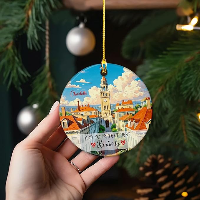 Personalized Text/Name Charlotte City Travel Souvenir Ceramic Christmas Ornament 2025, Charlotte Skyline Xmas Tree Ornaments, Custom Charlotte North Carolina USA Vacation Ornament Gifts for Friends