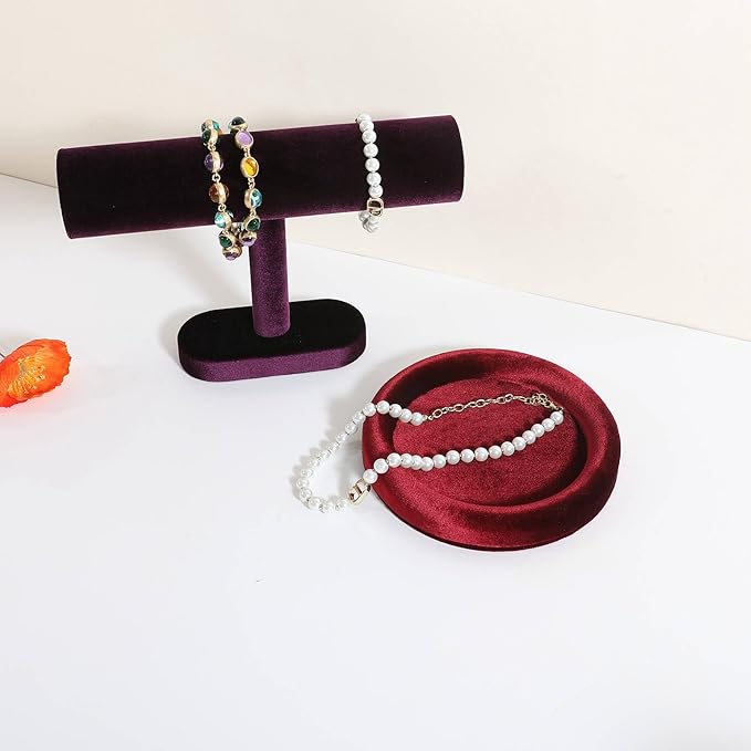 GemeShou Round Jewelry Organizer plate, Top Microfiber velvet Jewerly display tray, Empty Jewelry showcase tray for Necklace Bracelet Ring Earring display stand holder (Red-Small, 5.9 x 5.9 in)