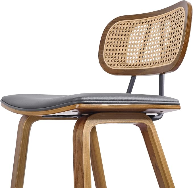 Counter Height Bar Stools Set of 3, Mid Century Modern Counter Stools, 26" Wood Kitchen Stool PU Leather Upholstered Barstools with Rattan Back, Counter Height Island Dining Bar Chair, Grey