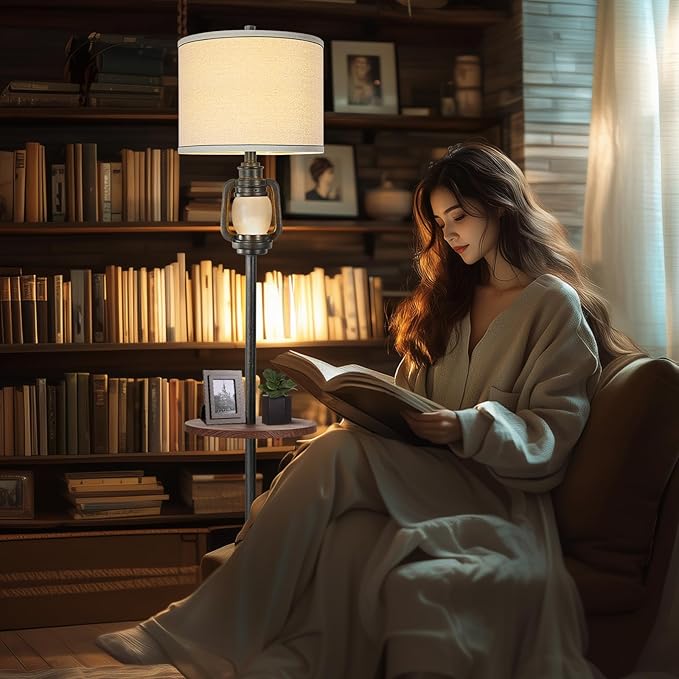 Farmhouse Lantern Floor Lamp with Tray for Living Room with Nightlight Vintage Tall Lamp with Linen Fabric Shade Industrial Standing Lamp for Bedroom Office Home House Study(Bulb Included)