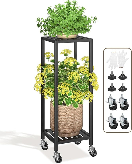 LASZOLA 2 Tier Black Metal Plant Stand Indoor Outdoor with Wheel for Large Planter, Modern Heavy Duty Tall Rolling Rack for Corner House Bathroom Patio Floor, Iron Flower Shelf Holder for Orchid Fern