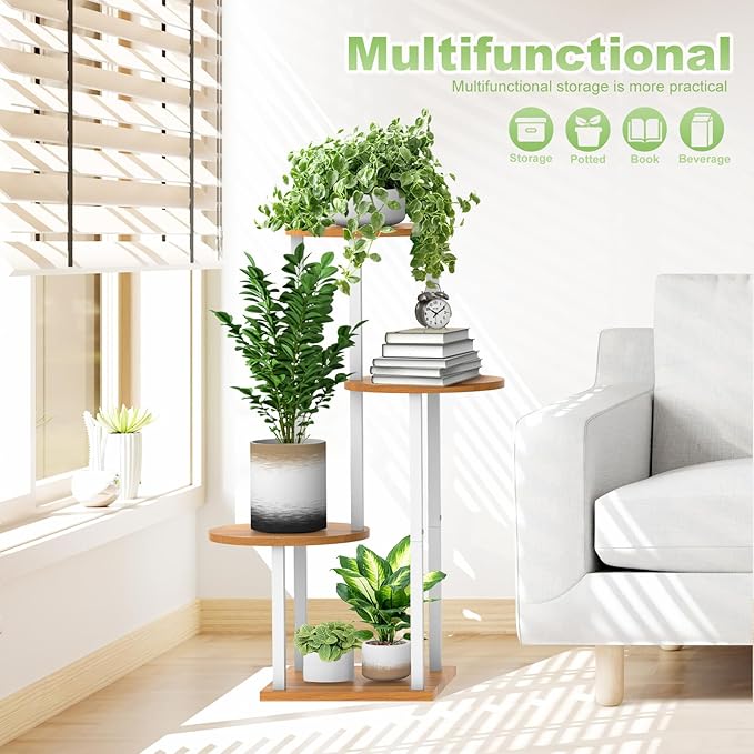 4 Tier Wood Tall Plant Stand Metal Rack Indoor, Multiple Flower Pot Holder Shelves Corner Rack, Round Planter Shelf Display Rack Storage Organizer for Patio Living Room Balcony(White)