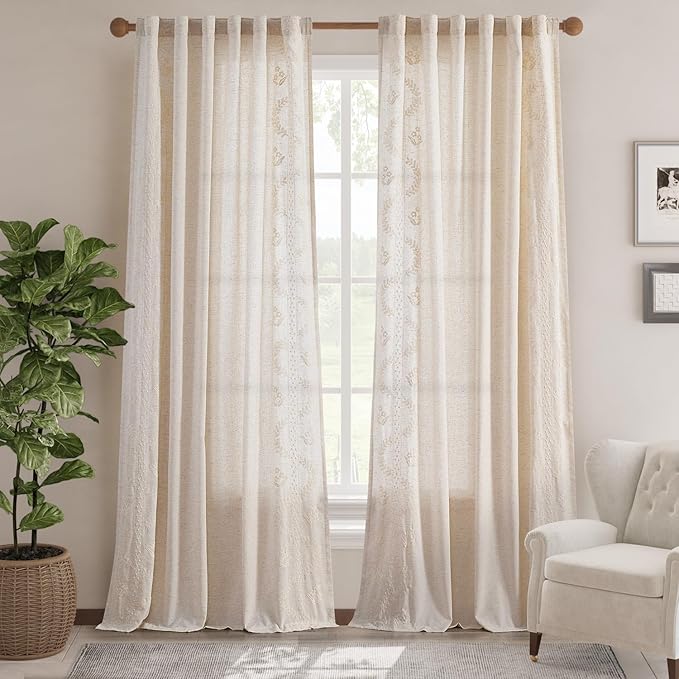 jinchan Belrose Linen Curtains for Bedroom Floral Curtains 96 Inch Length Linen Blend Ivory Embroidered Drapes Farmhouse Flower Patterned Drapes for Living Room Window Treatments Set 2 Panels