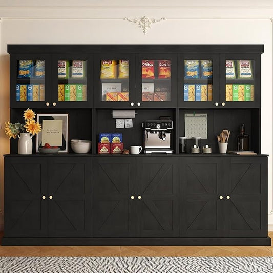 71" Farmhouse Kitchen Pantry Cabinet Set of 3, Black Freestanding Coffee Bar with Glass Doors, Microwave Stand, Large Storage Hutch with Adjustable Shelves for Kitchen or Living Room