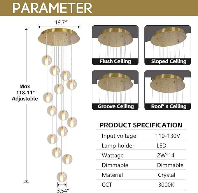 Gold 14 Lights Bubble Staircase Chandelier for High Ceiling, Dimmable Modern Crystal Raindrop Large Long Hanging Pendant Light for Stairwell Living Room Stair Foyer, Bulbs Included