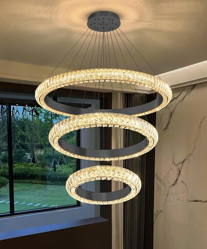 31.5" 3 Ring Crystal Chandelier Modern LED Dimmable Ring Pendant Light Round Chandelier for Dining Room Living Room Black