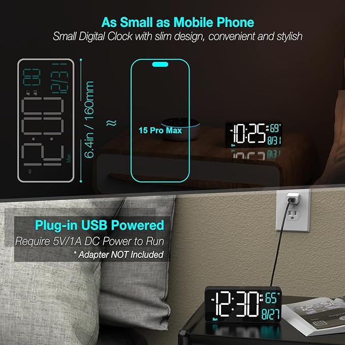 KOSUMOSU Alarm Clocks for Living Room, 6.7in Small Digital Clock for Bedroom, Auto Dimming,Date,Day of Week,Seconds or Indoor Temperature,Digital Alarm Clocks for Bedrooms,LED Desk Clock