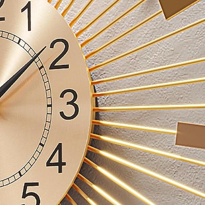 Wall Clock 23.6 Inch Large - Gold Starburst Sunburst Design, Mid Century Modern Metal Battery Operated Silent Decorative Clock for Living Room Bedroom Office