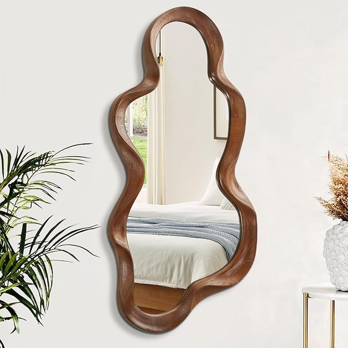 Irregular Wood Frame Mirror Asymmetrical Mirrors for Wall Unique Cloud Modern Living Room Bedroom Vanity Entryway Hallway Decorative Artistic Cute and Stylish Wall Mirror Large 36"x20"