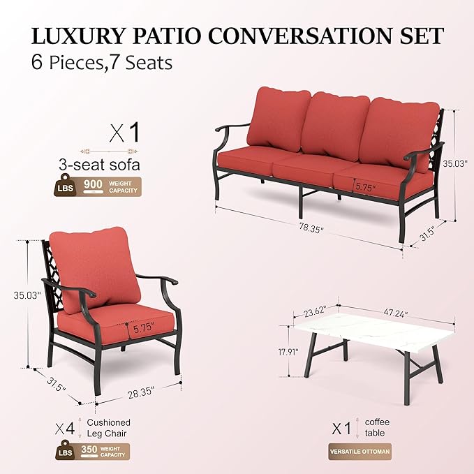 HERA'S HOUSE 6 Piece Patio Furniture Set, 4 x Fixed Metal Cushioned Chair, 1 x 3-Seat Sofa with Marbling Coffee Table, Outdoor Conversation Set for Lawn Garden Backyard, Red