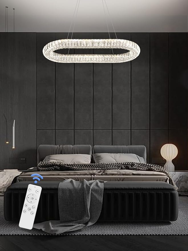 Oval Crystal Chandelier, 31.5'' Chrome Crystal Ring Pendant Light for Kitchen Island Modern Linear Oval Chandeliers for Dining Room Dimmable 3000K-6000K