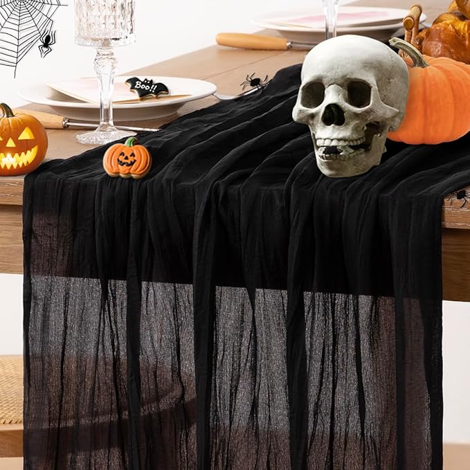 MLMC Black Halloween Table Runner 10ft Rustic Gauze Cheesecloth Table Runner Fall Decor 35x120 Inches for Halloween Party Bridal Shower Anniversary Events Decor