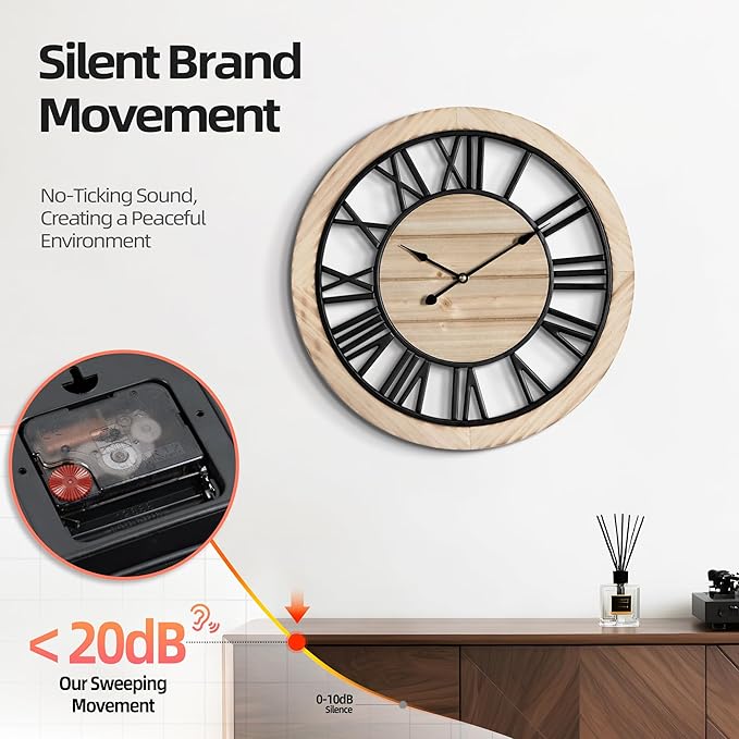 LEIKE 16 Inch Large Wall Clock - Rustic Wooden Silent Non-Ticking Wall Clock with Black Metal Frame, Vintage Farmhouse Decorative for Living Room, Bedroom, Kitchen - Roman Numerals, Modern Design