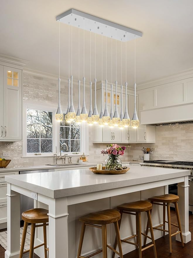 Modern Rectangular Chandelier,14 Lights Silver Raindrop Chandelier Lighting,Industrial Linear Pendant Ceiling Light Fixture for Dining Living Room Kitchen Island