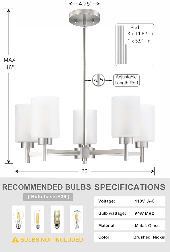 Doraimi Lighting 5 Light Chandelier Frosted Glass Shade Classic Style Ceiling Pendant Light Fixture Brushed Nickel Finish for Meeting Room Dining Room Over Table Living Room