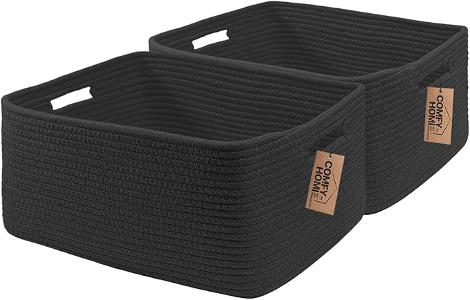 COMFY-HOMI 2 pcs Large Storage Baskets for Shelves, Laundry Basket, Woven Rope Basket, Closet Organizer Bins for Clothes Blanket Towels, Baby Nursery, Gift Toy Baskets, 17” x 13” x 7.5”-black