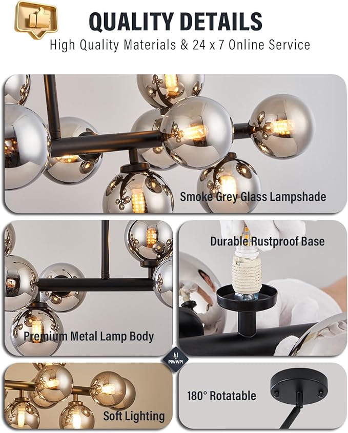 Glass Globe Sputnik Chandelier, 16-Light Mid Century Modern Light Fixture Over Table, Linear Chandeliers for Dining Room, Kitchen Island, Black and Smoke Grey Bubble, 40 Inch, GC-02