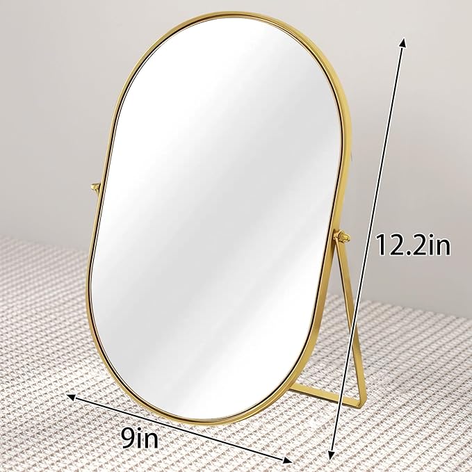 Vanity Desk Table Mirror Oval Makeup Mirror 90°Adjustable Rotation Golden Metal Framed Standing Mirrors Room Decor for Living Room,Bedroom,Tabletop,Bathroom