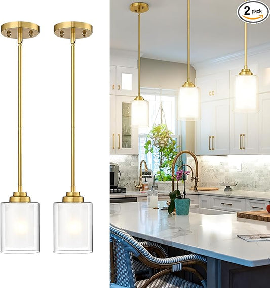 TENGXIN Modern Pendant Light,Brushed Gold Modern Pendant Light for Kitchen Island,Hanging Ceiling Light Fixture,Farmhouse Pendant Lighting for Dining Room Bedroom Bar Office 2Pack,TXPLBG02-2PK