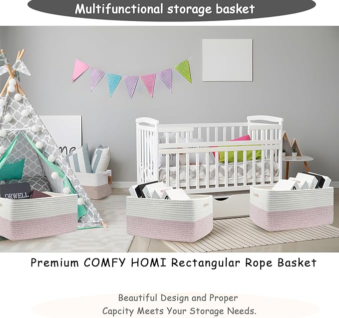 COMFY-HOMI 3 pcs Large Storage Baskets for Shelves, Laundry Basket, Woven Rope Basket, Closet Organizer Bins for Clothes Blanket Towels, Baby Nursery, Gift Toy Baskets, 17” x 13” x 7.5”-White/Pink