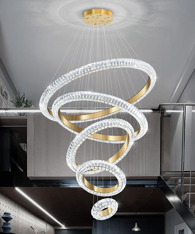 5 Ring Large Crystal Chandelier Modern LED Dimmable High Ceiling Chandelier Ring Contemporary Pendant Light Fixture for Living Room Foyer Staircase Gold D40''