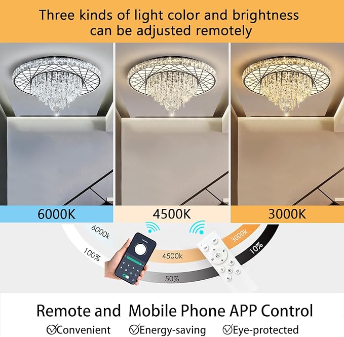 LED Chandelier for Dining Room Modern Crystal Ceiling Chandeliers Light for Bedroom Living Room Lights with 40W LEDs Dimmable Bulbs Black Lighting Fixtures