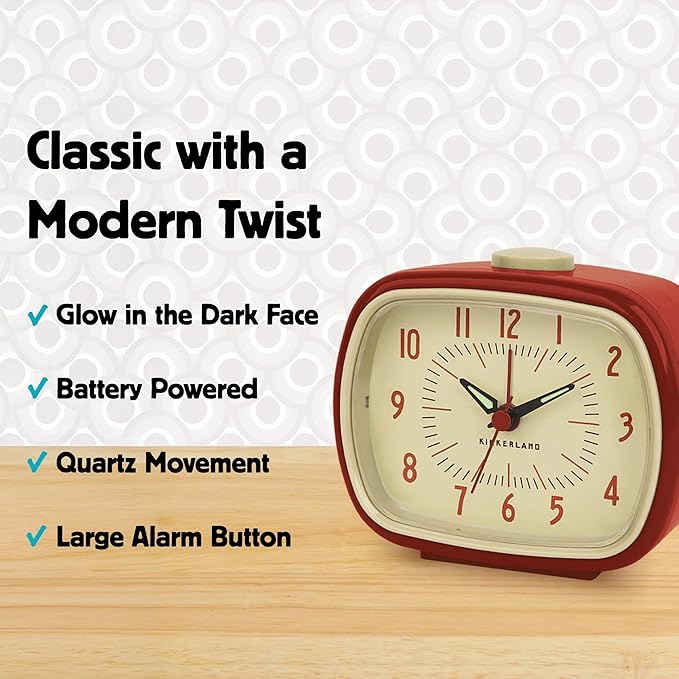Kikkerland Retro Alarm Clock – Vintage Decor for Bedroom, Nightstand, Living Room, or Office – Battery Operated, Glow in The Dark, Decorative Analog Clock, Red