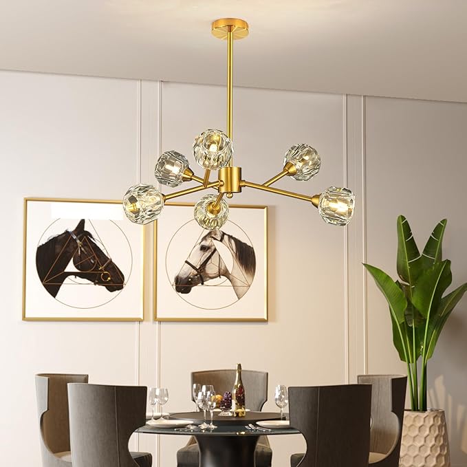 Sputnik Chandeliers for Dining Room Light Fixture Over Table, Modern Crystal Chandeliers, 6 Lights Gold Lighting Fixtures for Living Room Bedroom Kitchen Island