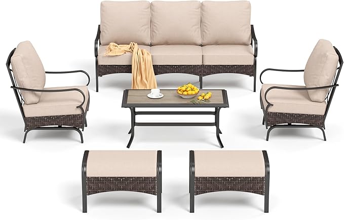 PHI VILLA Outdoor Modern Patio Furniture Set, Upgraded Wicker&Metal Patio Furniture Conversation Set with Waterproof Thick Cushions for Porch, Poolside, Deck, and Yard (6 Pieces,Beige)
