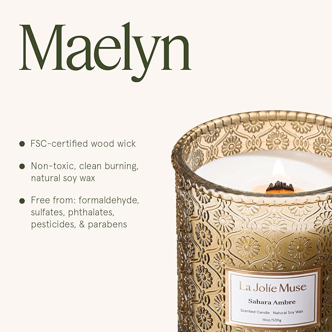 LA JOLIE MUSE Fall Candle | Sahara Amber Candle – Bergamot, Clove & Amber | 19 oz Wooden Wick | Natural Soy Wax | 90 Hours Clean Burn | Gift-Ready for Cozy Nights | Elevated Fall Décor