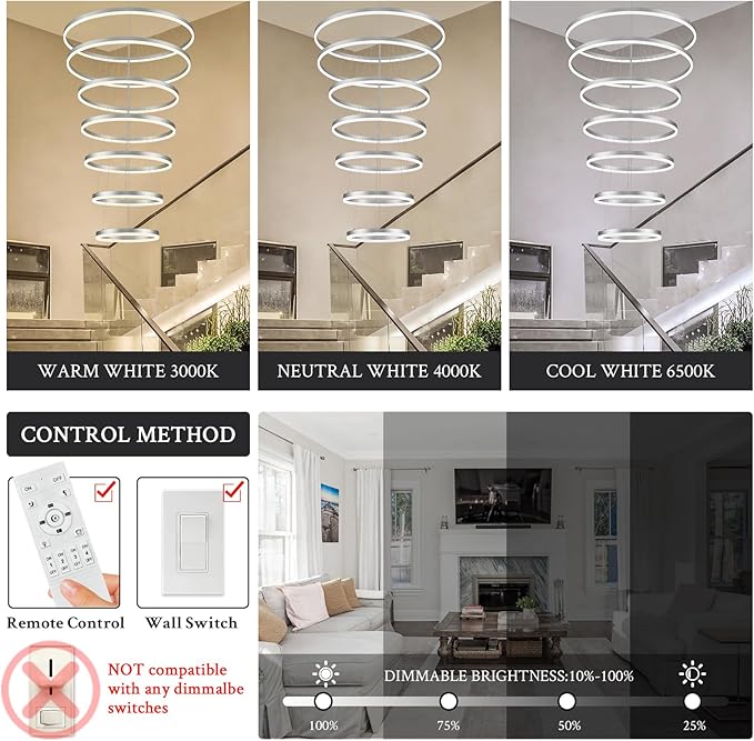 7-Rings D31.5’’ Modern LED Chandelier Silver Dimmable High Ceiling Chandeliers Foyer with Remote Control for Staircase Entryway Dining Room Living Room, 3000K-6500K