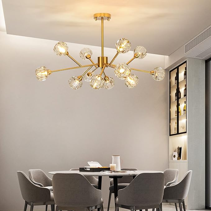 Sputnik Chandeliers Modern Crystal Pendant Lighting Gold Chandelier 12 Lights Mid Century Ceiling Light Fixtures for Dining Room Kitchen Island Living Room Bedroom Bar