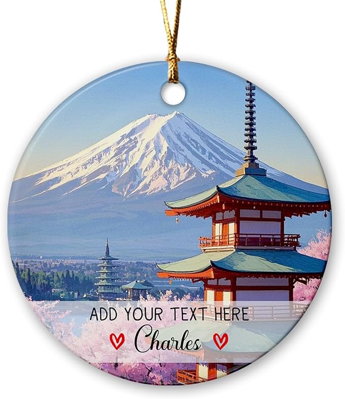 Personalized Text/Name Mount Fuji Ceramic Ornament Christmas 2025, Japanese Trip Souvenir Xmas Tree Hanging Ornament, Mount Fuji Landscape Ornaments, Custom Tokyo City Ornaments Gift for Japan Lovers