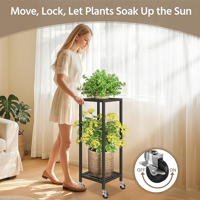 LASZOLA 2 Tier Black Metal Plant Stand Indoor Outdoor with Wheel for Large Planter, Modern Heavy Duty Tall Rolling Rack for Corner House Bathroom Patio Floor, Iron Flower Shelf Holder for Orchid Fern