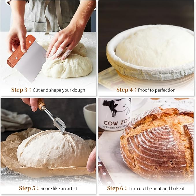 Banneton Bread Proofing Basket Banneton Basket Set Sourdough Proofing Basket Round Proofing Bowls Handmade Rattan Baskets and Liners (Round 9 inch Baking Set)