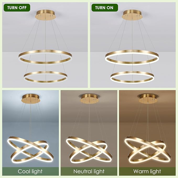 2-Rings Modern LED Chandelier Gold for Dining Room, Circular Flush Mount Ceiling Chandelier Light Dimmable Pendant Light with Remote Control for Living Room Entrance Foyer, 3000K-6500K