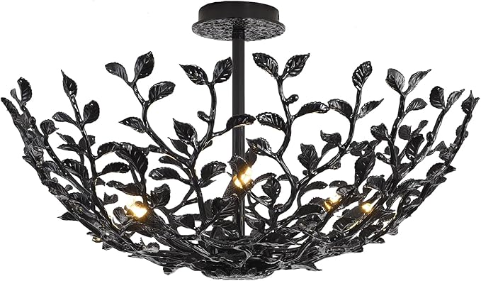 Black Tree Branch Semi Flush Mount Ceiling Light, 6-Light Chandeliers Ceiling Lighting, 25.5" Metal Modern Farmhouse Chandeliers for Kitchen Entryway Living Room Bedroom Foyer Hallway