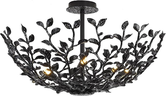 Black Tree Branch Semi Flush Mount Ceiling Light, 6-Light Chandeliers Ceiling Lighting, 25.5" Metal Modern Farmhouse Chandeliers for Kitchen Entryway Living Room Bedroom Foyer Hallway