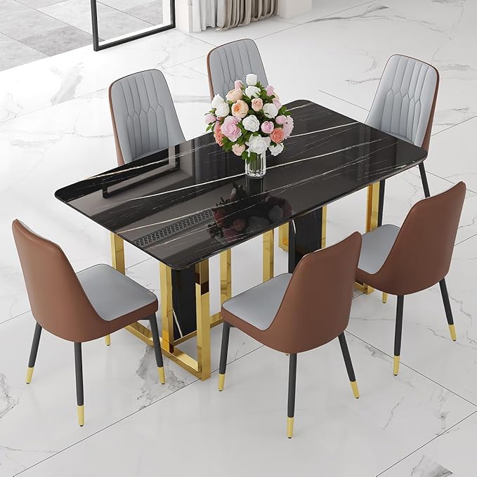 TesNus 63" Black Dining Table Set for 6 with Chairs,Modern Faux Marble Rectangular Kitchen Table and Chairs Set Luxury 7 Piece Dining Room Set with Gold Metal Legs,Easy Assemble,Stable Base