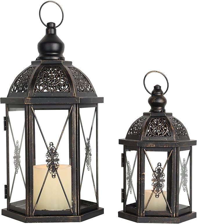 DECORKEY Large Lantern Decorative Outdoor & Indoor, Set of 2 (15’’&10’’) Metal Candle Lanterns Decor, Vintage Hanging Candle Holder for Front Porch Patio Wedding Farmhouse Home, Spring Decoration