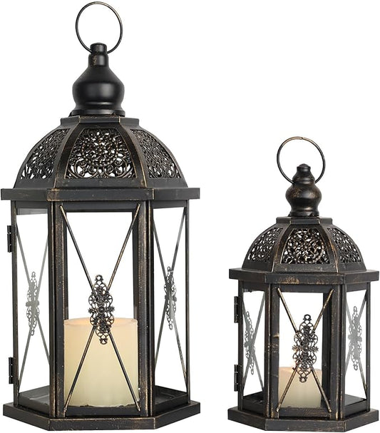 DECORKEY Large Lantern Decorative Outdoor & Indoor, Set of 2 (15’’&10’’) Metal Candle Lanterns Decor, Vintage Hanging Candle Holder for Front Porch Patio Wedding Farmhouse Home, Spring Decoration