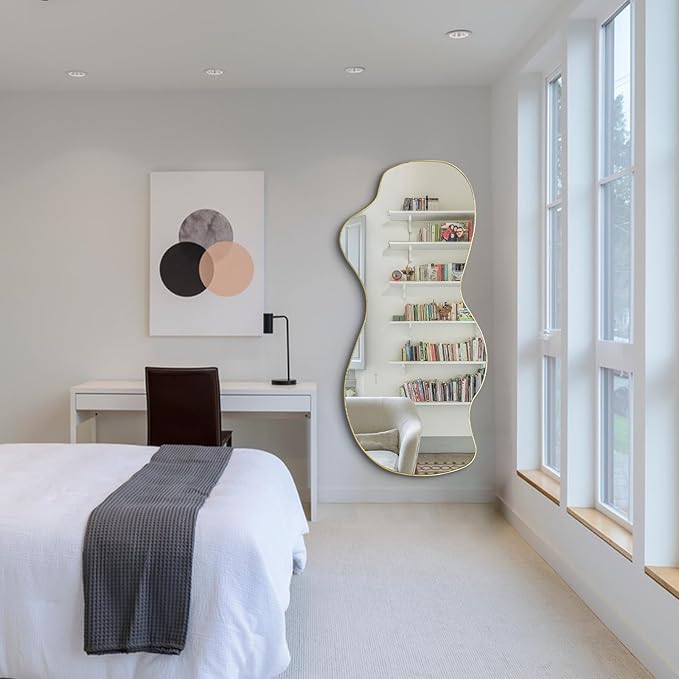 POZINO Irregular Mirror Full Length, Large Asymmetrical Wall Mirror, 63"x30" Gold Wavy Shaped Mirrors, Modern Frameless Decorative Mirrors for Dressing Living Room Bathroom Bedroom Hallway Entryway