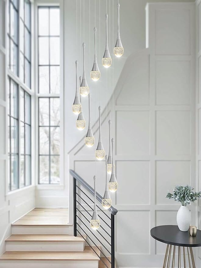 H120'' Long Crystal Raindrop Chandelier 12 Lights Foyer Pendant Lighting Entrwey High Ceiling Chandeliers LED Dimmable Lighting…