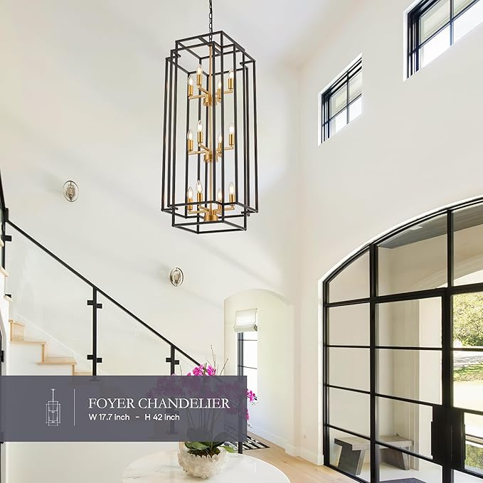 12-Light Lantern Tiered Pendant Light Fixtures, Black Metal Farmhouse Chandelier Hall Foyer Hanging Chandelier for Kitchen Island Dining Room Living Room Foyer Entryway, Black+Gold