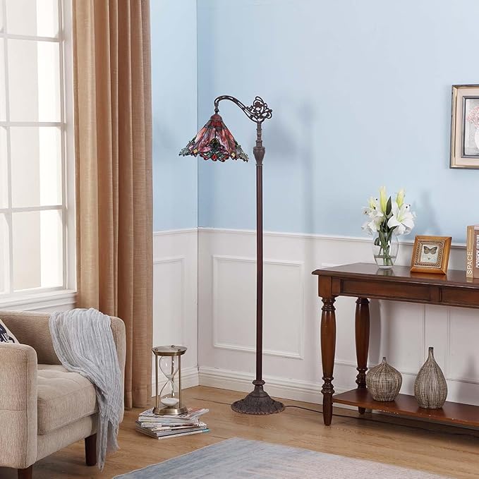 Bieye L10681 Baroque Tiffany Style Stained Glass Reading Floor Lamp with 13 Inch Wide Handmade Lampshade, Metal Base with Dark Brown Baking Finish, Red, 65 Inch Tall